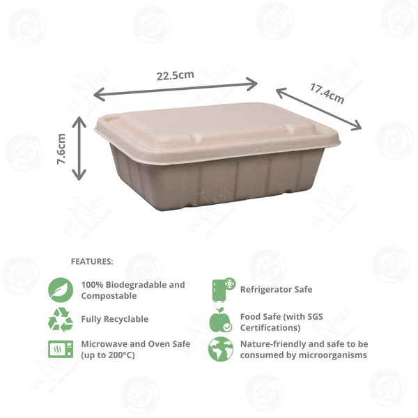 Bagasse Eco Rectangle Deep w/ Lid (1500ml)