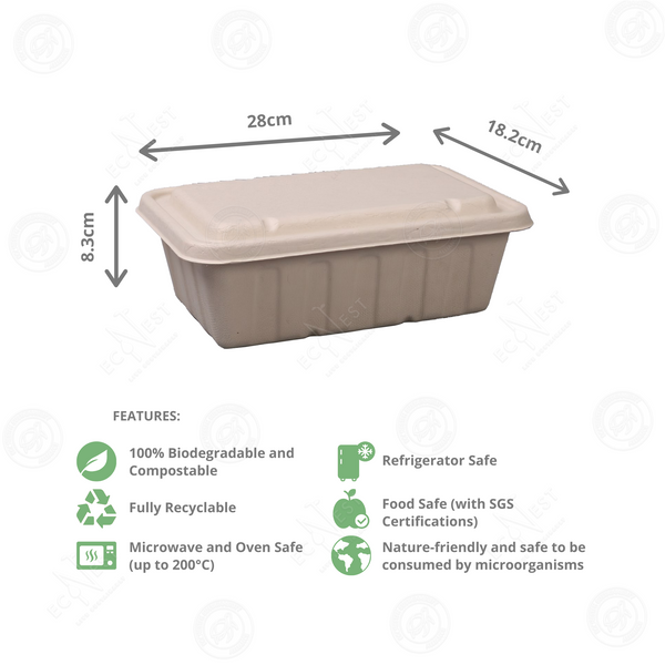 Bagasse Eco Rectangle Deep w/ Lid (3000ml)